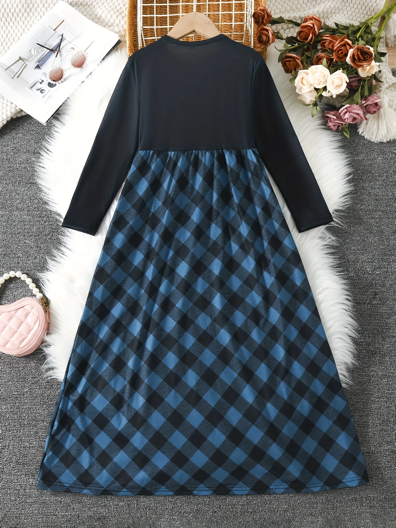 Girls Vibrant Plaid Crew Neck Long Sleeve Dress - Classic Design for Comfort and Warmth - Perfect for Fall and Christmas Parties - Deanwangkt