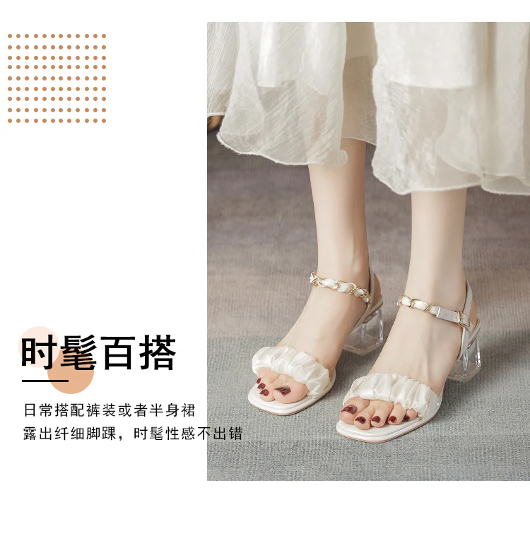 DEANWANGK  Summer  New Pleated Transparent Thick High Heel Sandals with Chain Square Toe Open Toe Rubber Sole for Women - Deanwangkt