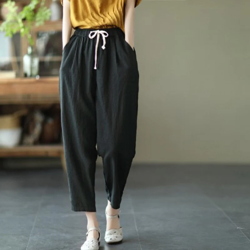 Elastic waist loose versatile casual pants  summer new literary retro solid color thin lace-up Harlan pants - Deanwangkt