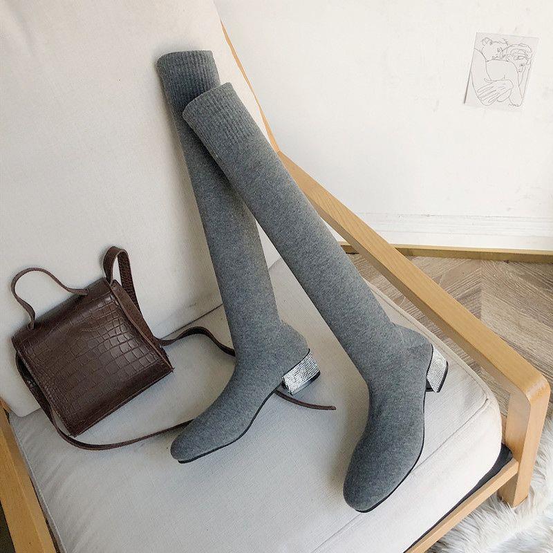 Over-the-Knee Boots Women  New Elastic Socks Boots Chunky Heel High Heel Long Stockings Skinny Boots Spring and Summer Thin - Deanwangkt