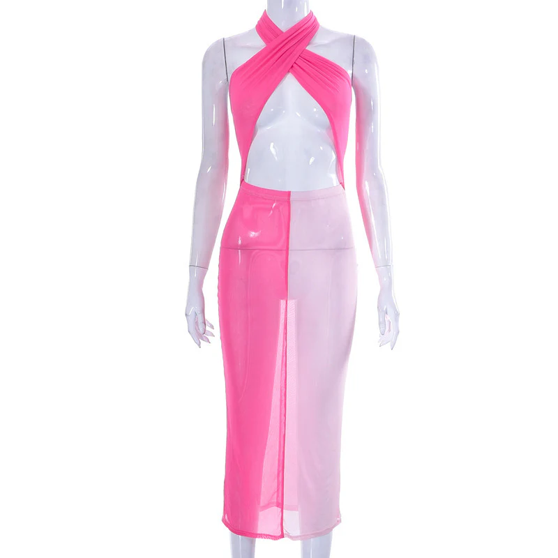 2025 L23DS047  women's clothing summer new sexy color matching printing navel mesh see-through neck long dress - Deanwangkt