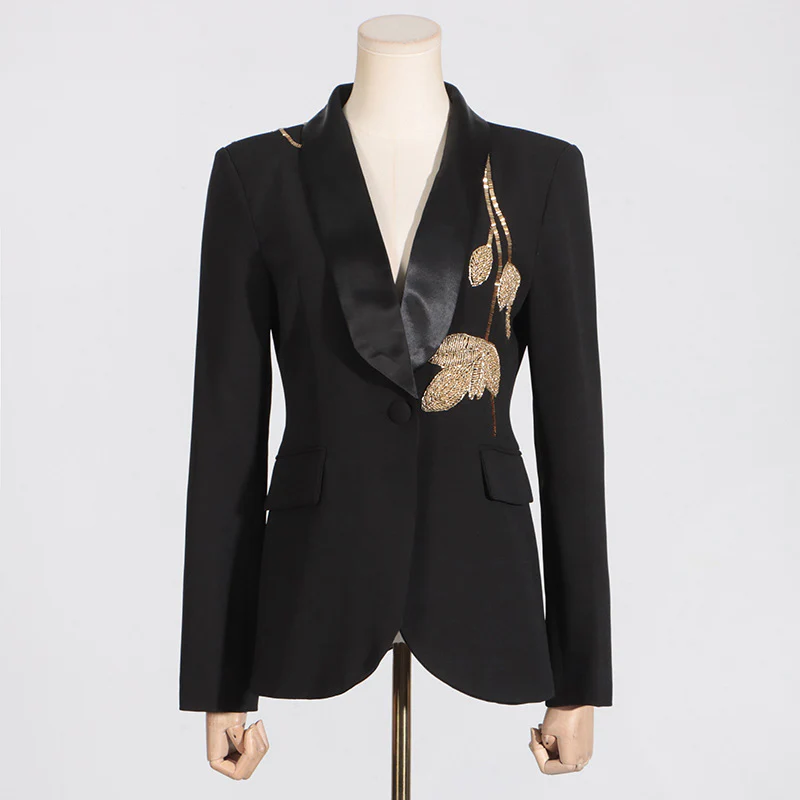 2025 spring new fashion beaded long-sleeved slim-fit blazer + high-waisted micro-pull straight-leg pants two-piece set - Deanwangkt