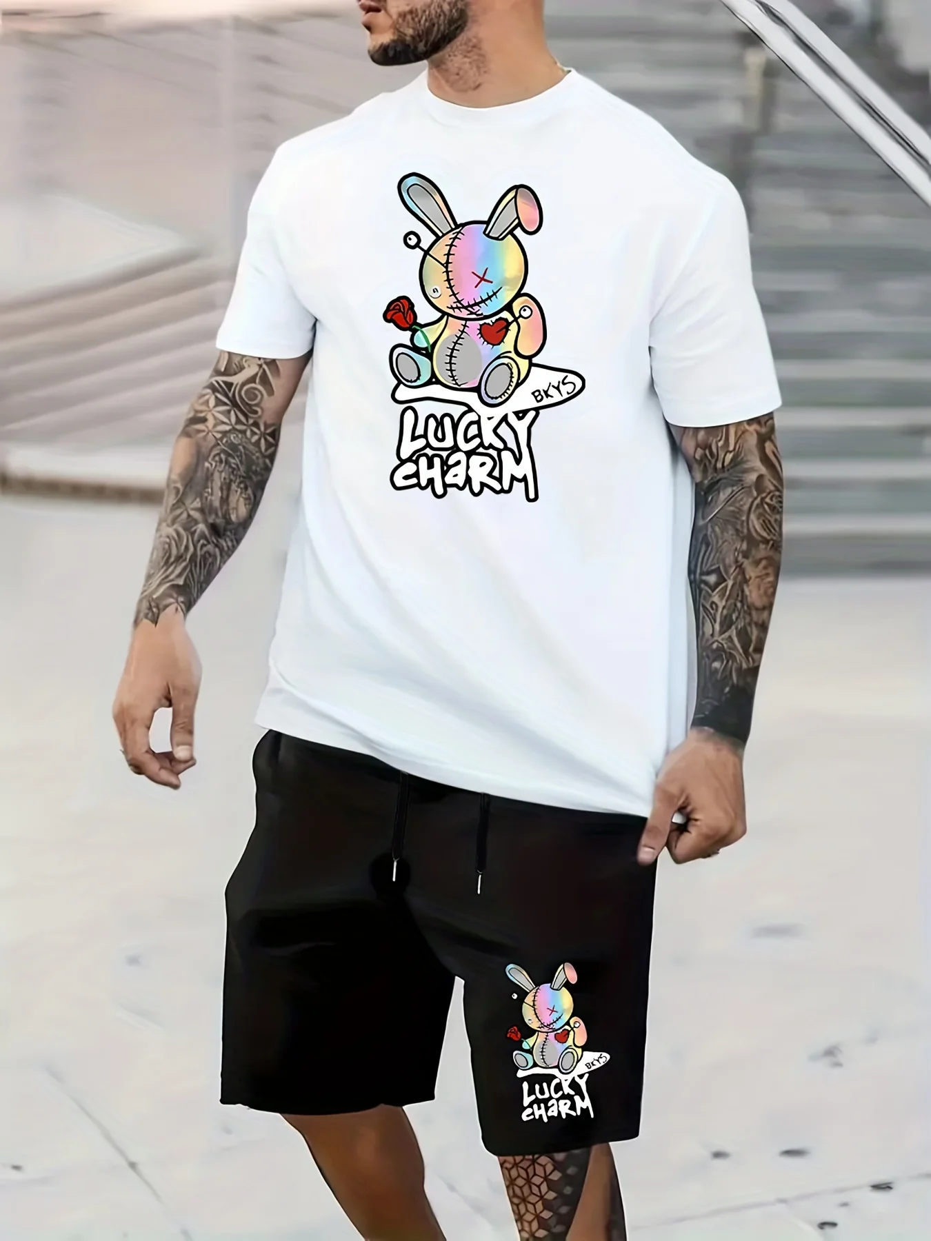 2pcs Mens LUCKY CHARM Loungewear Set - Fashion Bunny Doll Print T-Shirt & Drawstring Shorts with Pockets - Comfortable Casual Pajama Outfit for All-Day Wear - Deanwangkt