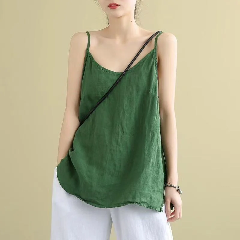 Cotton and linen sling vest solid color light and thin  summer new loose literary and retro top versatile base sleeveless - Deanwangkt