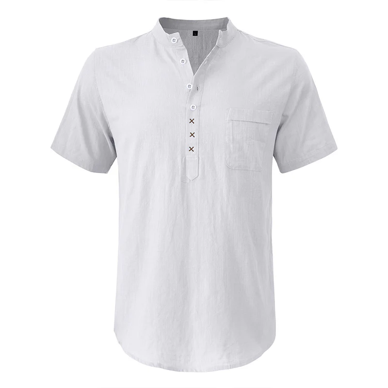 DEANWANGKT 2025 Cross-border men's Hawaiian short-sleeved beach shirt, Popular trade Henry shirt,   men's cotton and linen shirt - Deanwangkt