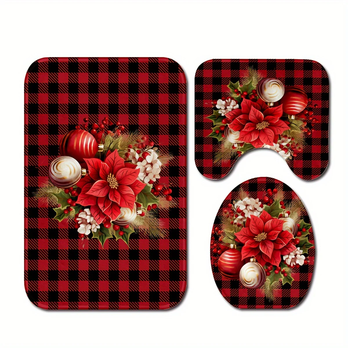 Christmas Cheer 3pcs Bathroom Rug Set - Non-Slip, Washable Mats for Kitchen & Bedroom Decor - Includes Bath Mat, Contour Mat & Toilet Lid Cover, for Christmas - Deanwangkt