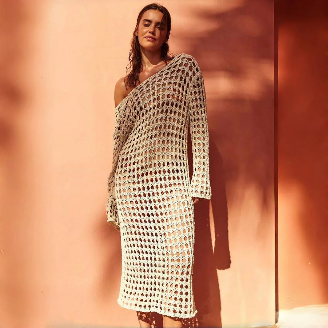 DEANWANGKT 2025spring and summer new hollow knitted sweater  long-sleeved sexy vacation beach bikini hollow blouse - Deanwangkt