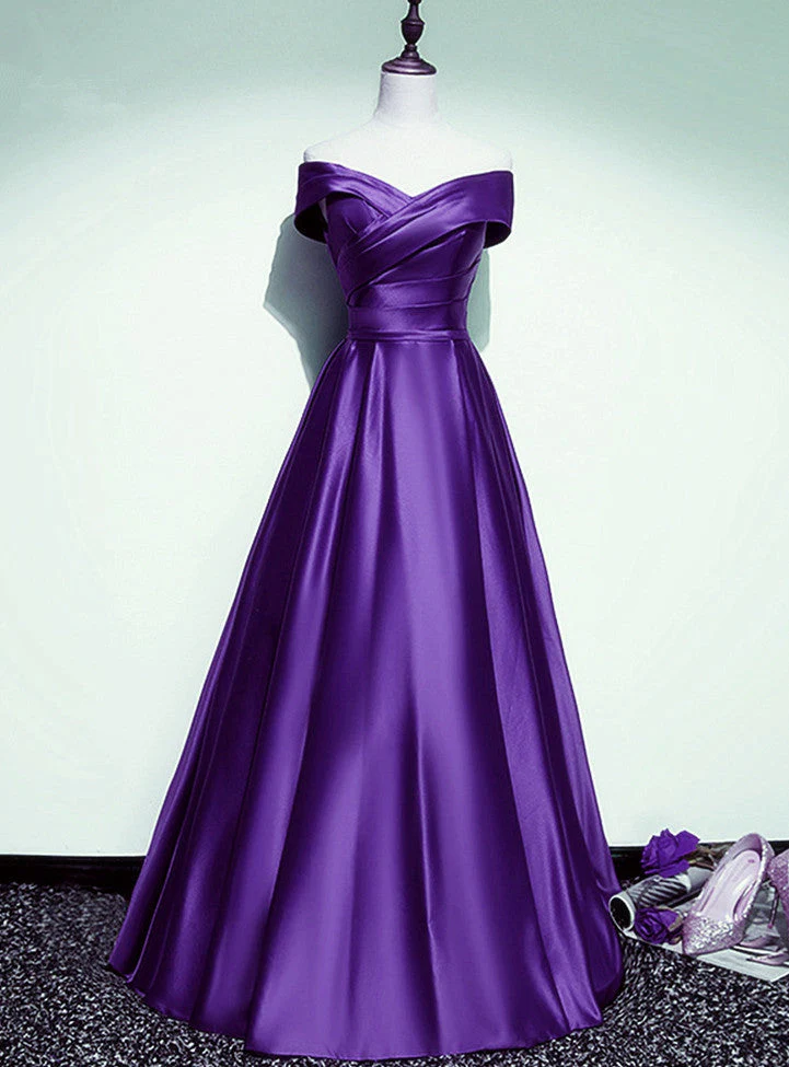 Solvbao Purple Satin Off Shoulder A-line Long Party Dress, Floor Length Junior Prom Dress - Deanwangkt