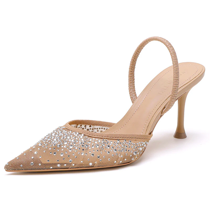 DEANWANGK  Mesh Fashion Elegant Slingback Muller High Heels Pumps  Summer Hollow Women's Sandals Rhinestone Two-Way Fashion Shoes - Deanwangkt