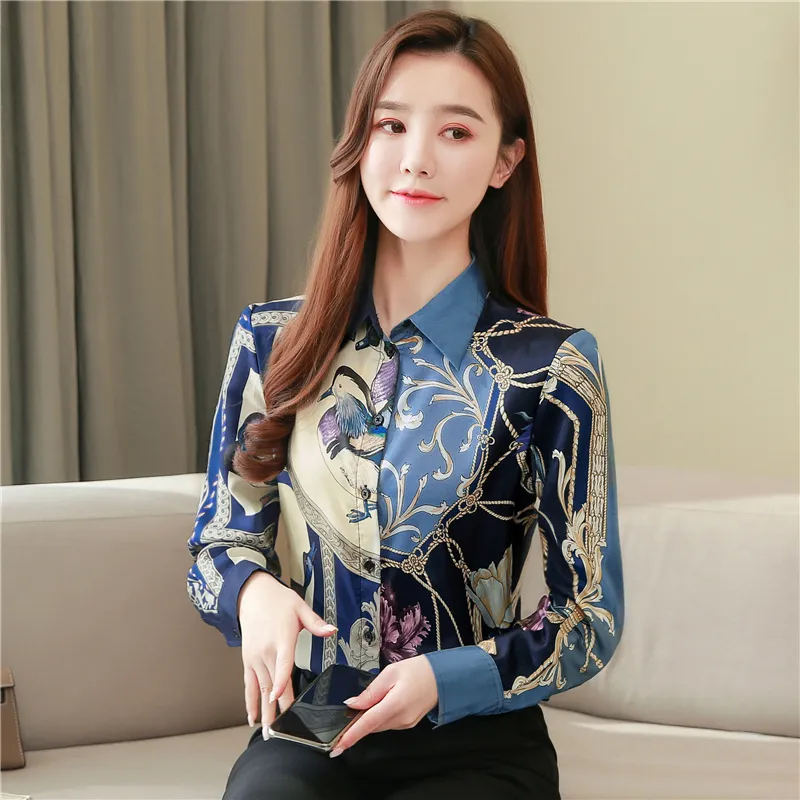 Printed Women Designer Lapel Shirts Silk Black Long Sleeve Elegant Fit Shirt Office Ladies Button Front Casual Satin Blouses Spring Fall Chic Slim Runway Tops - Deanwangkt