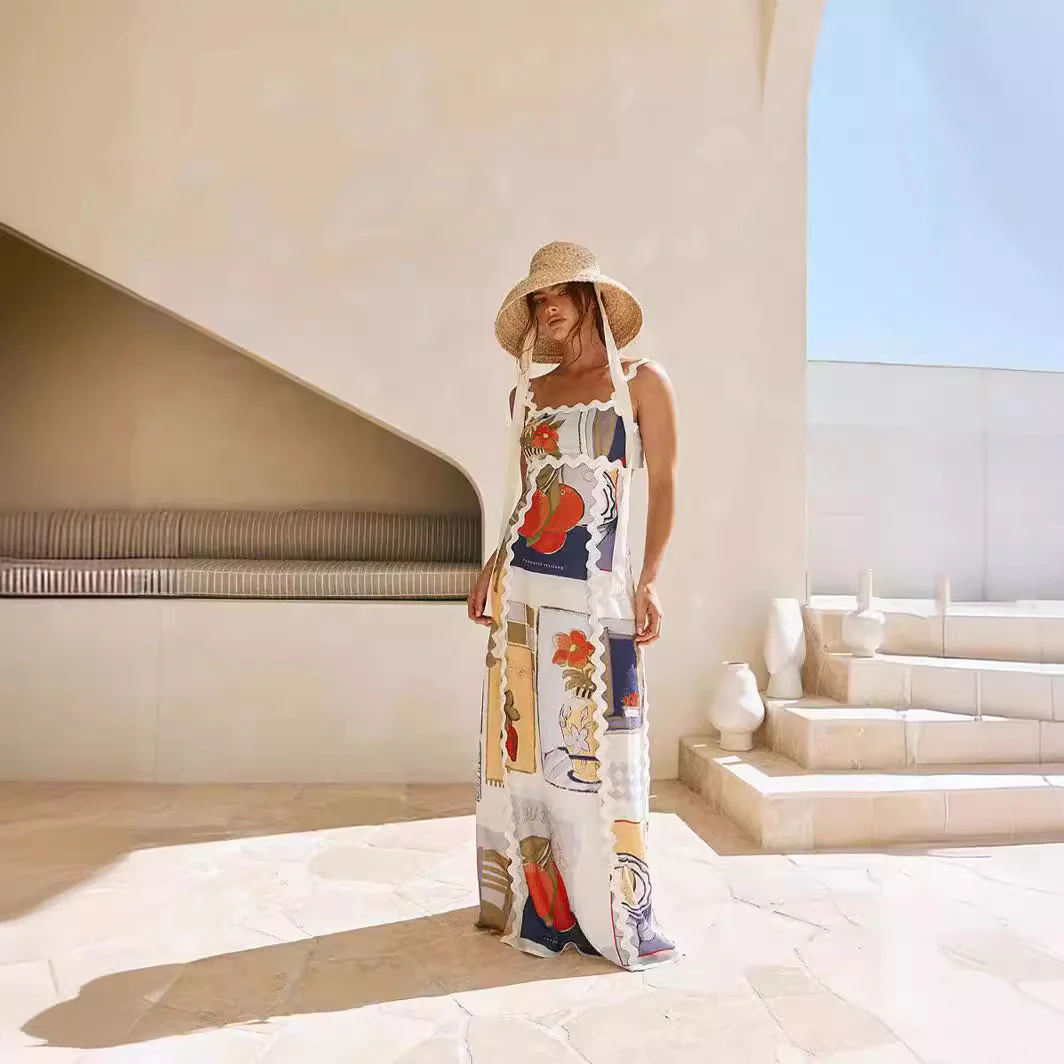 deanwangkt Cross Border Spring and Summer New Fashion Women's Wear Printing off-the-Shoulder Strap Stitching Wave Pattern Dress - Deanwangkt