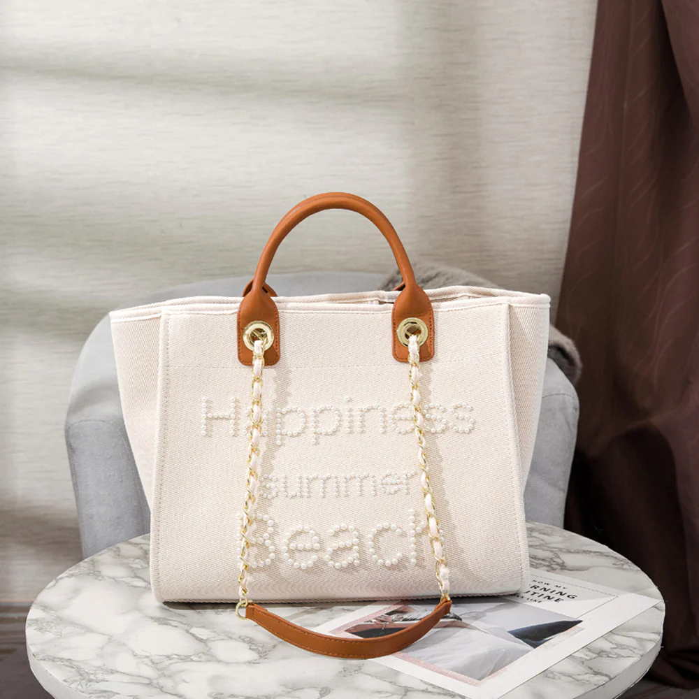 Cross-Border Women's Bag Classic Style Pearl Embroidered Canvas Bag Large Capacity Bag Shoulder White Mother Bag Big Bag - Deanwangkt