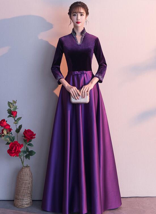 Solvbao Dark Purple Satin Long Sleeves Beaded Velvet Bridesmaid Dress, Purple Formal Dress - Deanwangkt