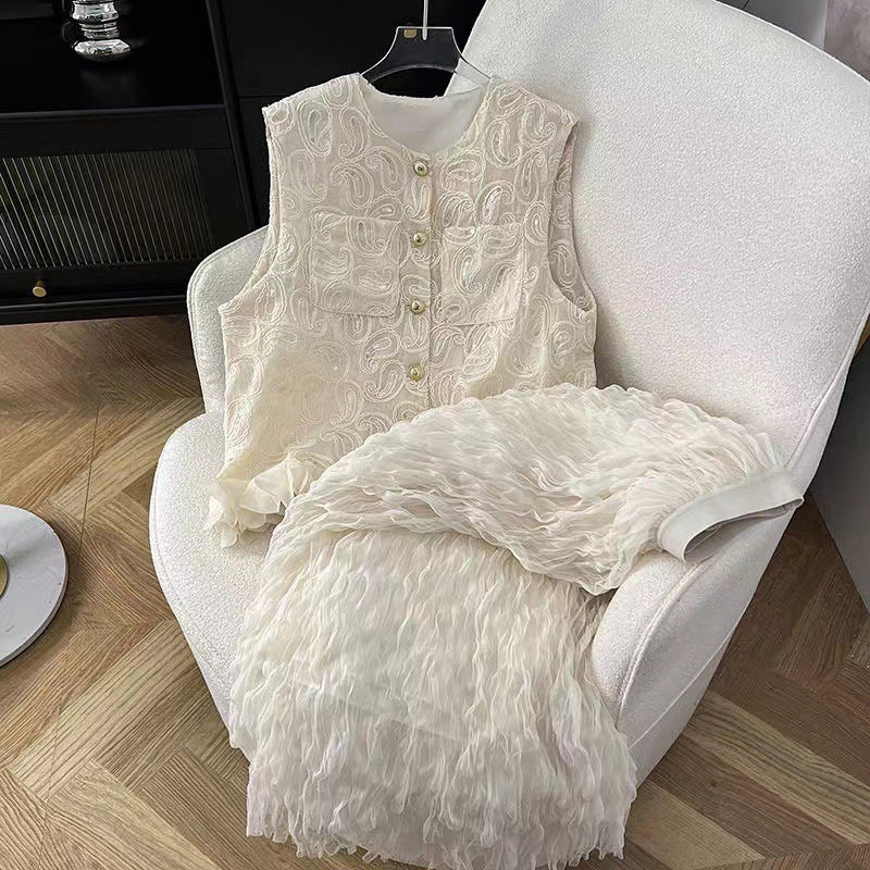 2025 popular spring and summer new super fairy new Chinese heavy industry two-piece set embroidery sequined vest chic mesh skirt women - Deanwangkt