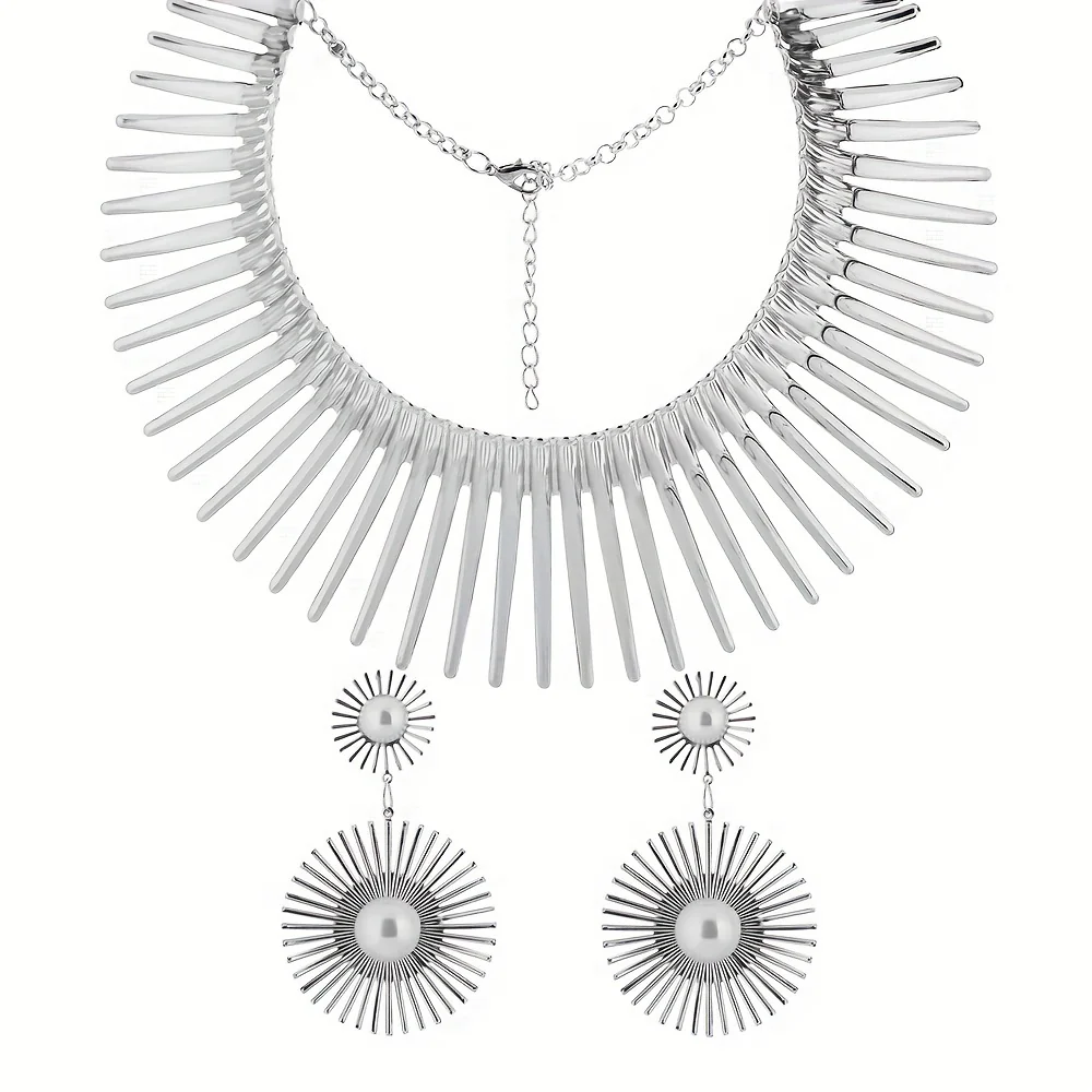Fashionable And Exaggerated Blooming Sun Collar Necklace Drop Earring Set Women's Personalized Alloy Jewelry Accessories For Birthday, Festival, Party Engagement And Wedding Jewelry Gifts - Deanwangkt