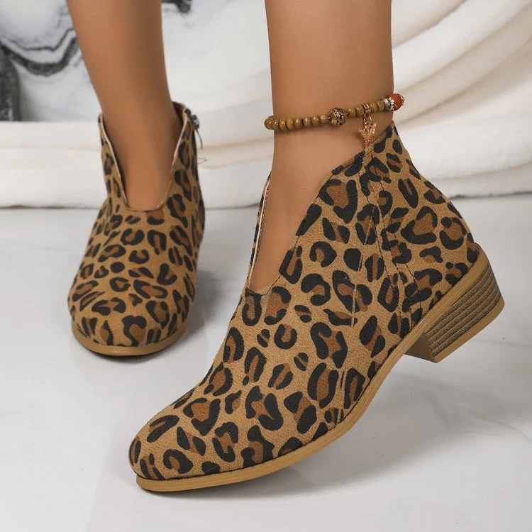 Autumn and Winter Cross-Border   Leopard Root Booties Side Zipper round Toe V Cut Suede Ankle Boots Female in Stock - Deanwangkt