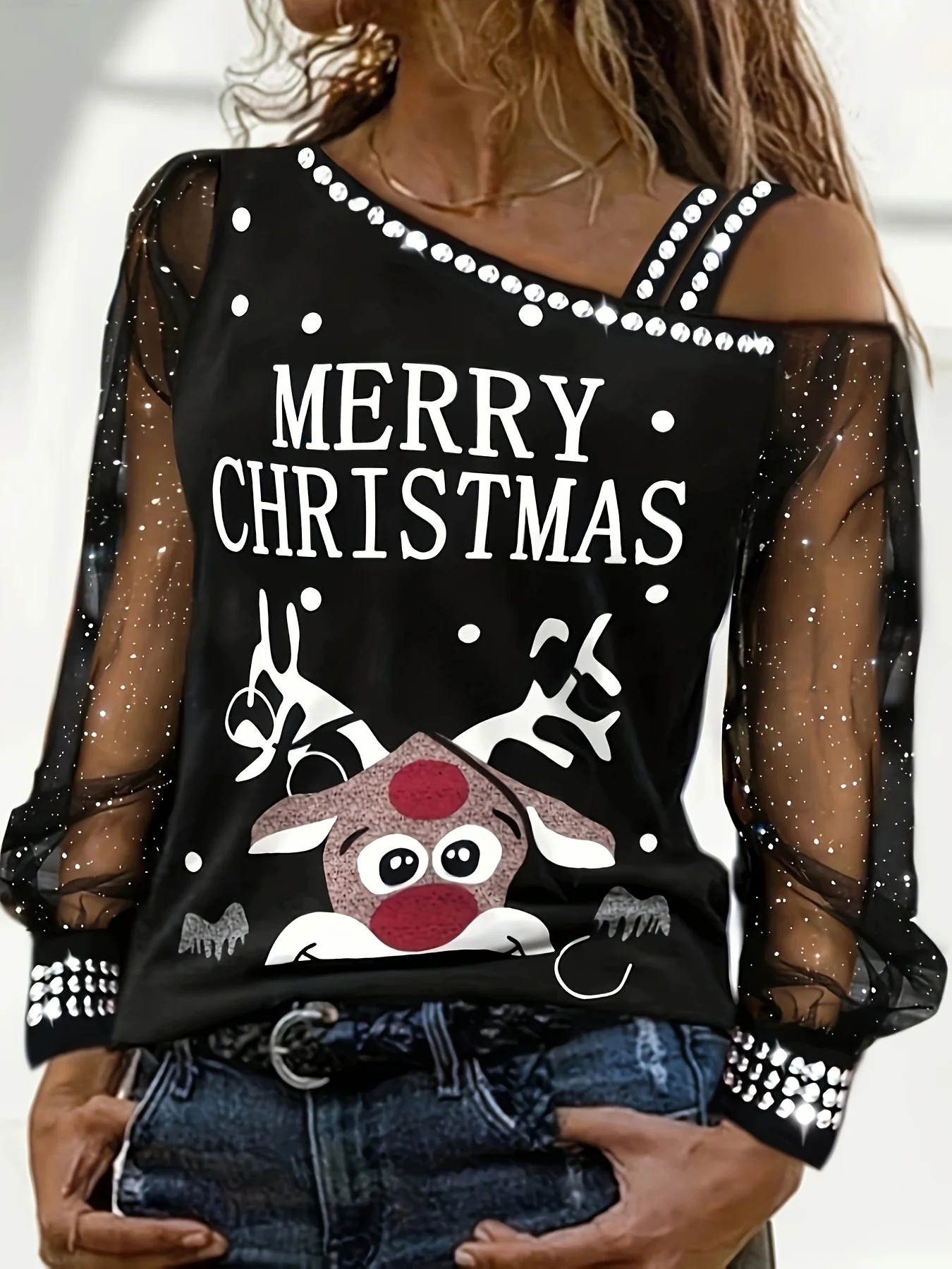 Plus Size Women's Christmas Off-Shoulder Mesh Panel T-Shirt - Casual, Stretchy Polyester Blend, Machine Washable - Deanwangkt