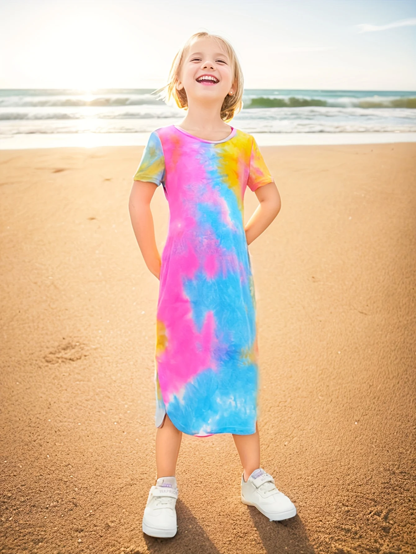 Vibrant Tie Dye Short Sleeve Slim Midi Dress for Girls - Casual, Comfortable, and Stylish Holiday Wear - Perfect Summer Gift for Tweens and Teenagers - Deanwangkt