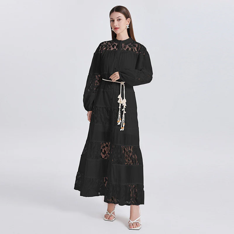 New women's clothing stand-up collar lantern sleeve dress waist lace hollow lace A-shaped long dress tide - Deanwangkt