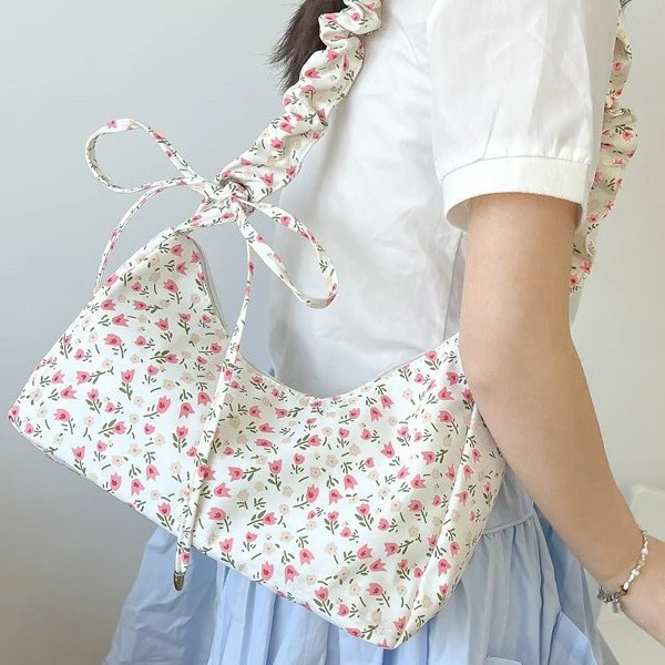 DEANWANGKT 2025 ins sweet broken flower canvas bag literary and cute underarm bag women's bag drawstring shoulder bag crossbody bag small bag - Deanwangkt