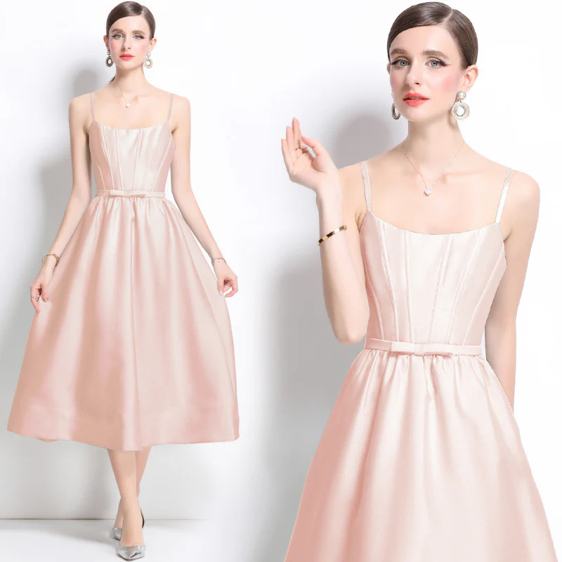 Bow pink suspender dress women's summer vest a-word skirt slim dress long skirt waist skirt - Deanwangkt