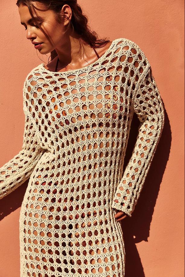 DEANWANGKT 2025spring and summer new hollow knitted sweater  long-sleeved sexy vacation beach bikini hollow blouse - Deanwangkt