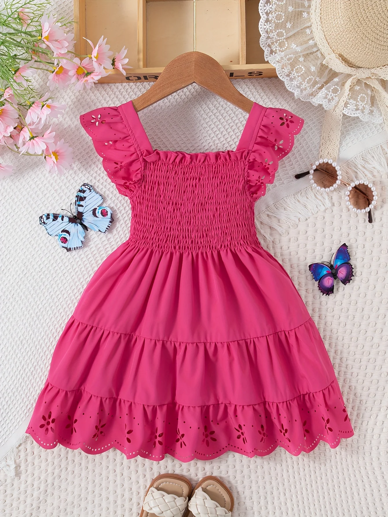 Knee-High Girls Comfy Solid Ruffle Sleeve Square Neck Dress for Summer Holiday Party - Loose Fit, Flared Hem, Shirred Details, Non-Stretch Polyester Fabric - Perfect Gift for Little Princesses - Deanwangkt