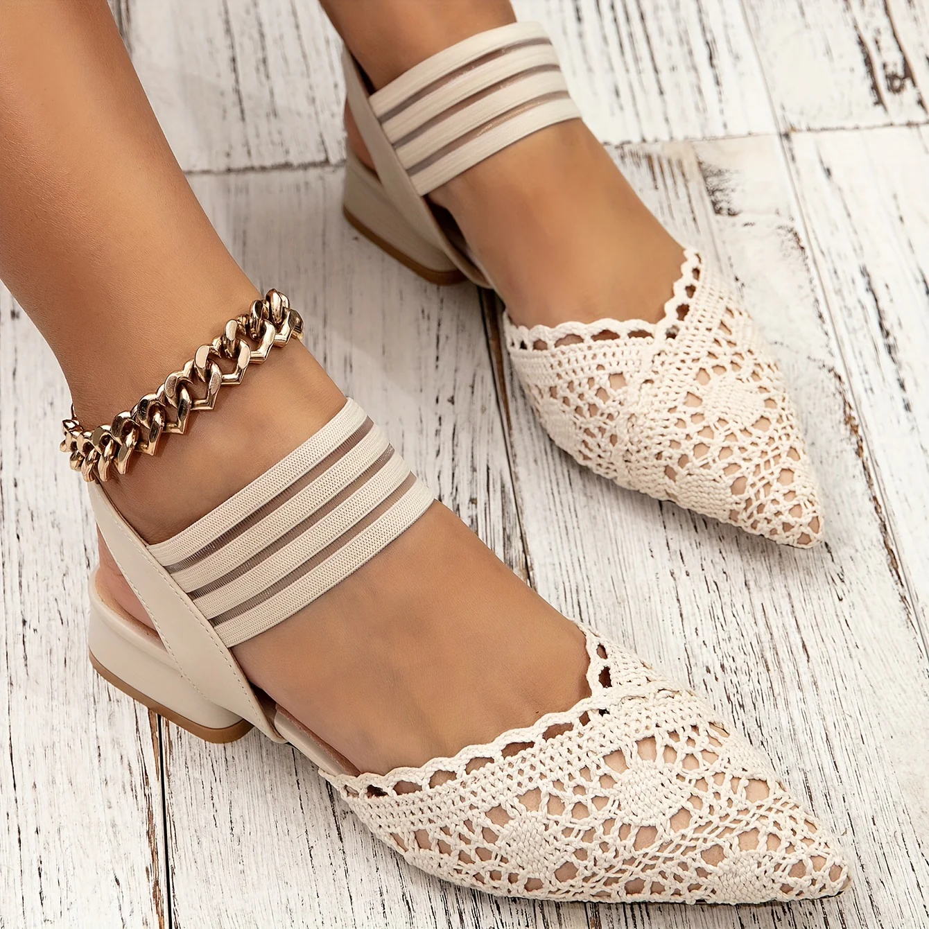 Women's Hollow Out Slingback Sandals, Classic Pointed Toe Elastic Strap Slip On Shoes, Solid Color Summer Outdoor Sandals - Deanwangkt