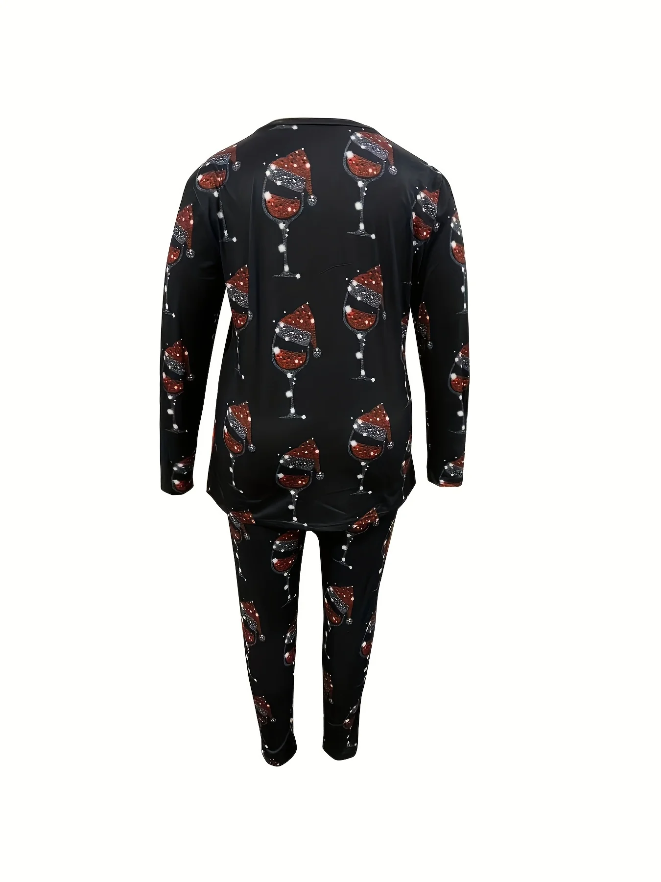 Women's Casual Christmas Wine Glass Print Long Sleeve & Pants Set with Pockets - Stretchy Polyester Blend, Machine Washable - Deanwangkt