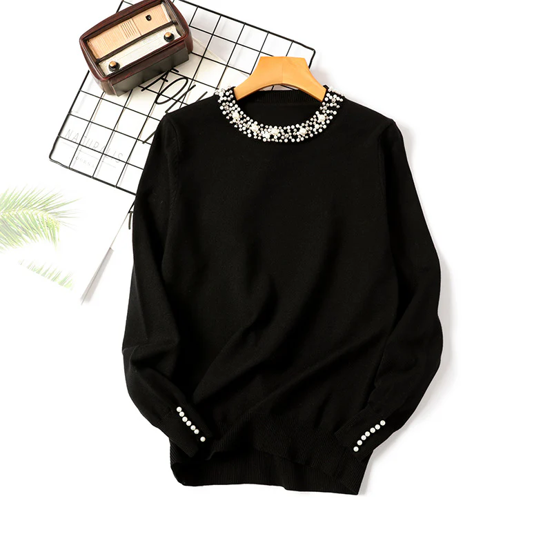 DEANWANGKT Korean version of the new autumn and winter beaded pullover sweater women's round neck long-sleeved knitted sweater loose and thin temperament bottoming shirt women - Deanwangkt