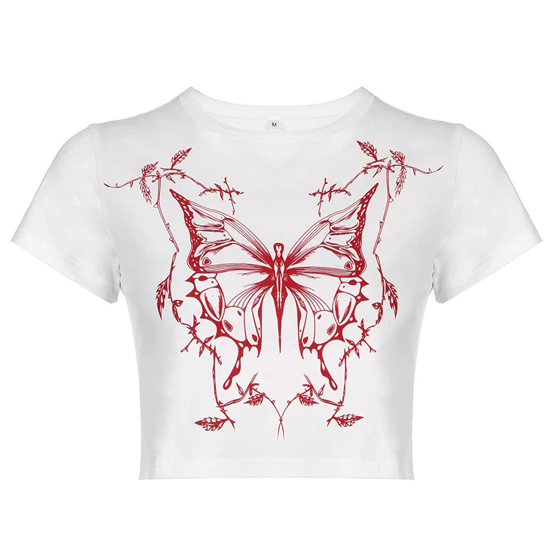 DEANWANGKT  Jfl22585 Hot Girl Cropped T-shirt Women's Summer Fashion Butterfly Print Crew Neck Short Sleeve T-shirt Cropped Top - Deanwangkt