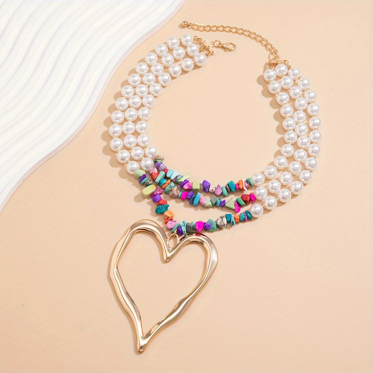 1pc Multilayer Exaggerated Holiday Style Imitation Pearl Peach Heart Charm Necklace Colorful Pine Stone CCB Necklace Charm Multilayer Necklace Gift - Deanwangkt