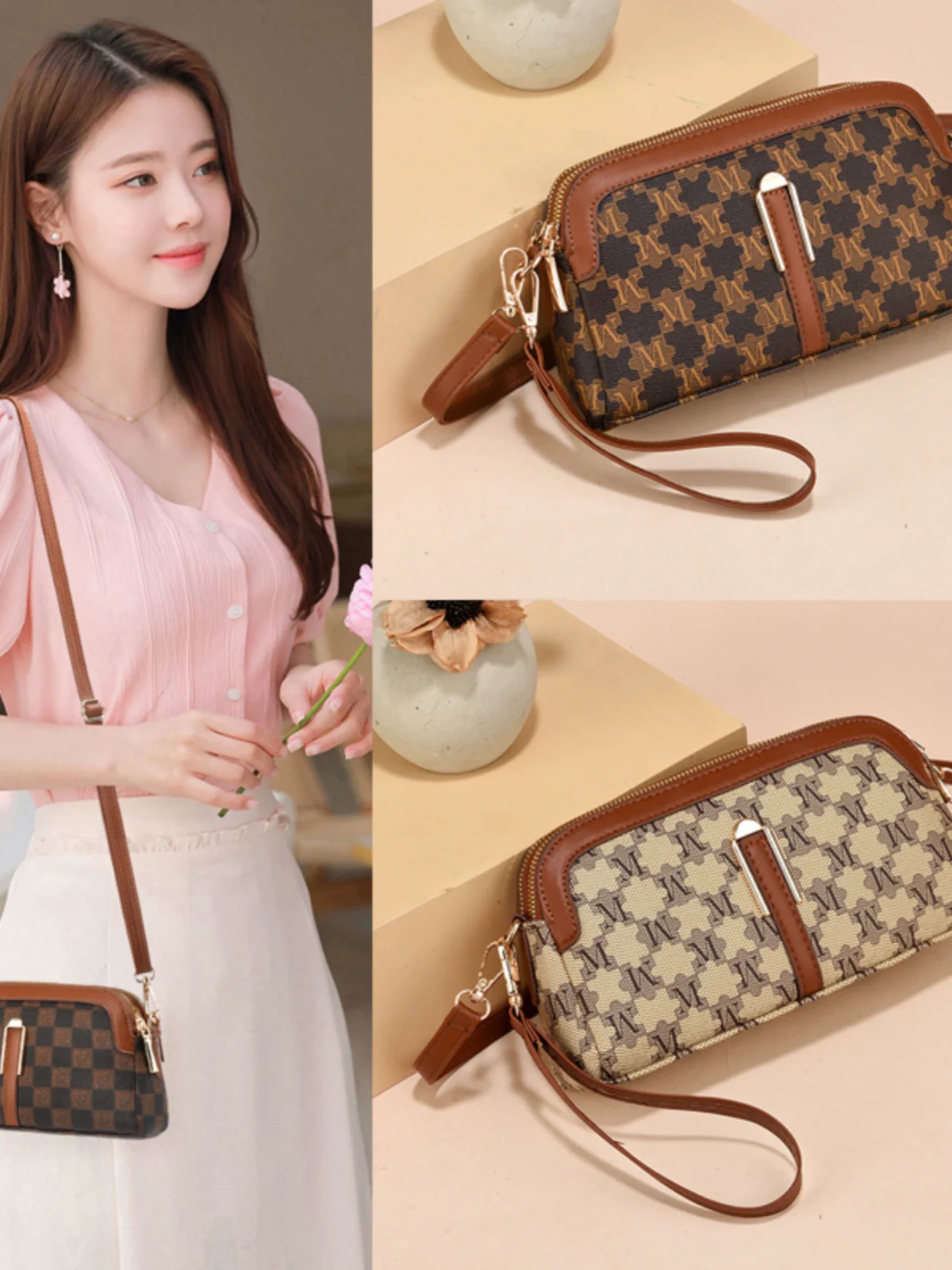 Women's bag  new fashion versatile multi-layer clutch bag temperament retro contrasting color shoulder messenger bag small bag - Deanwangkt