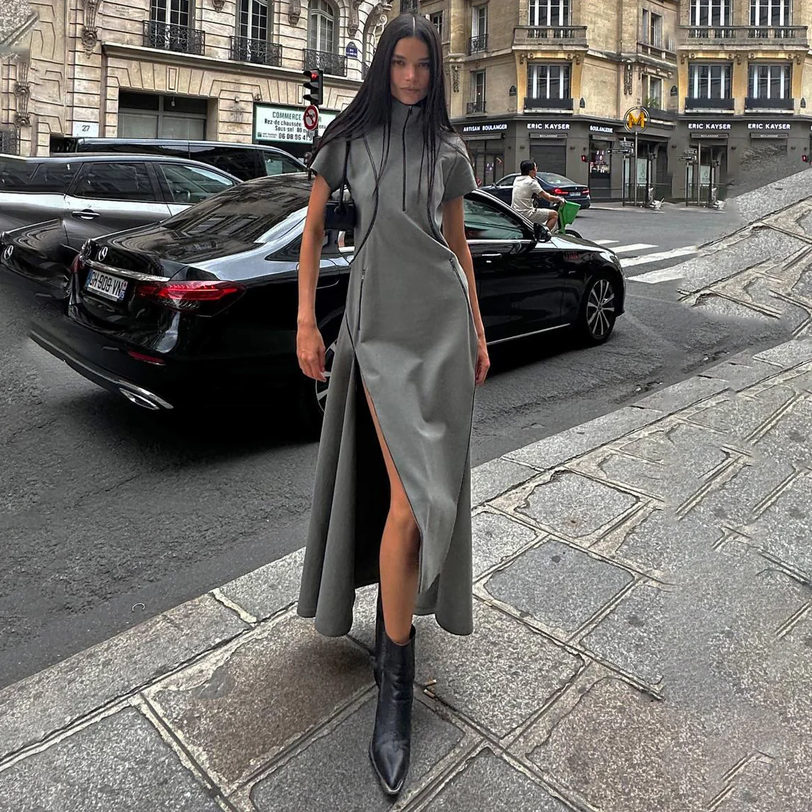 slim-fit niche high-split stand-up collar striped heavy industry zipper open-close dress trendy brand irregular cool Sa style - Deanwangkt