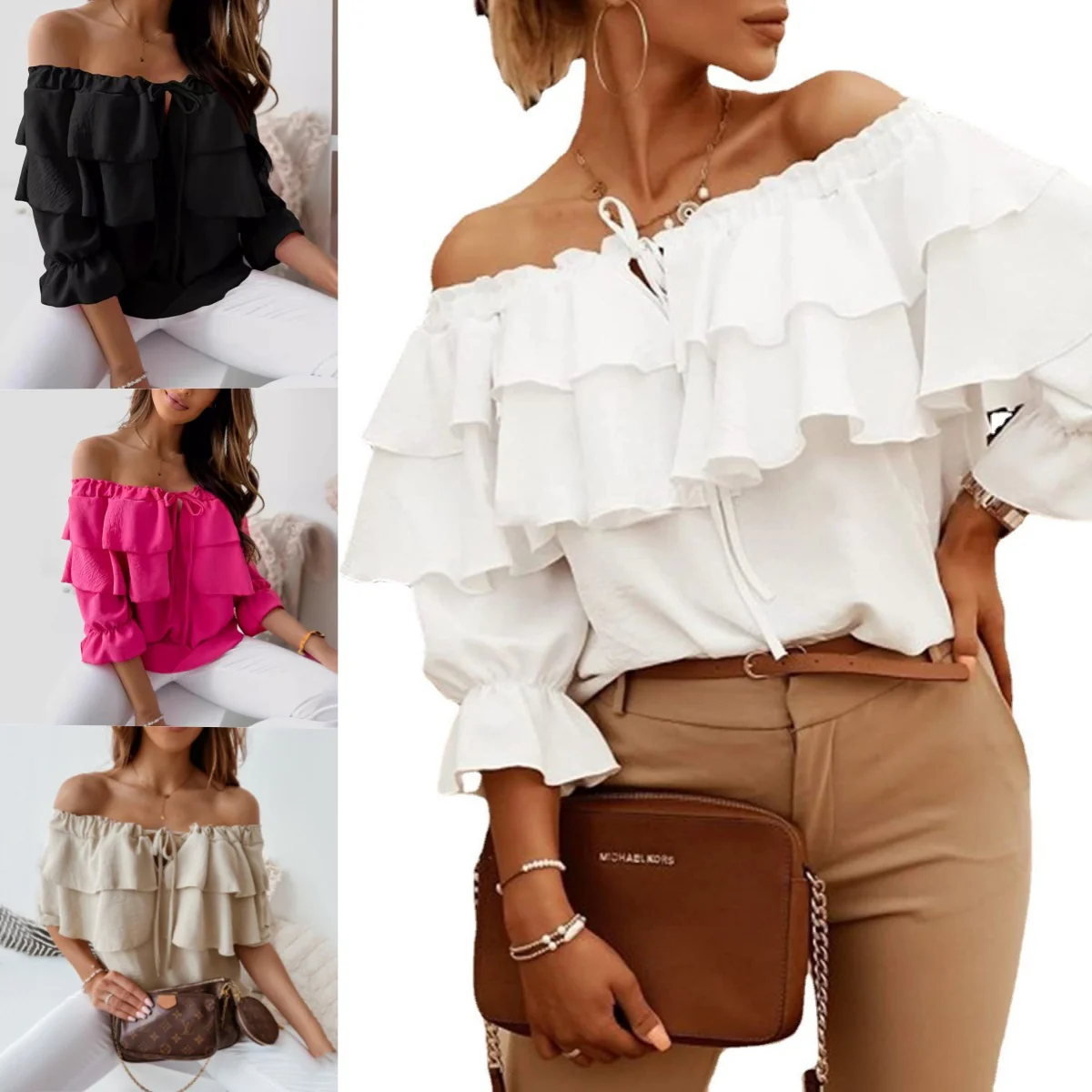 DEANWANGKT  Cross-Border off-the-Neck Chiffon Shirt Women's Elastic Shoulder Tied Lotus Leaf Top Women's Casual Loose Women's Sleeve - Deanwangkt