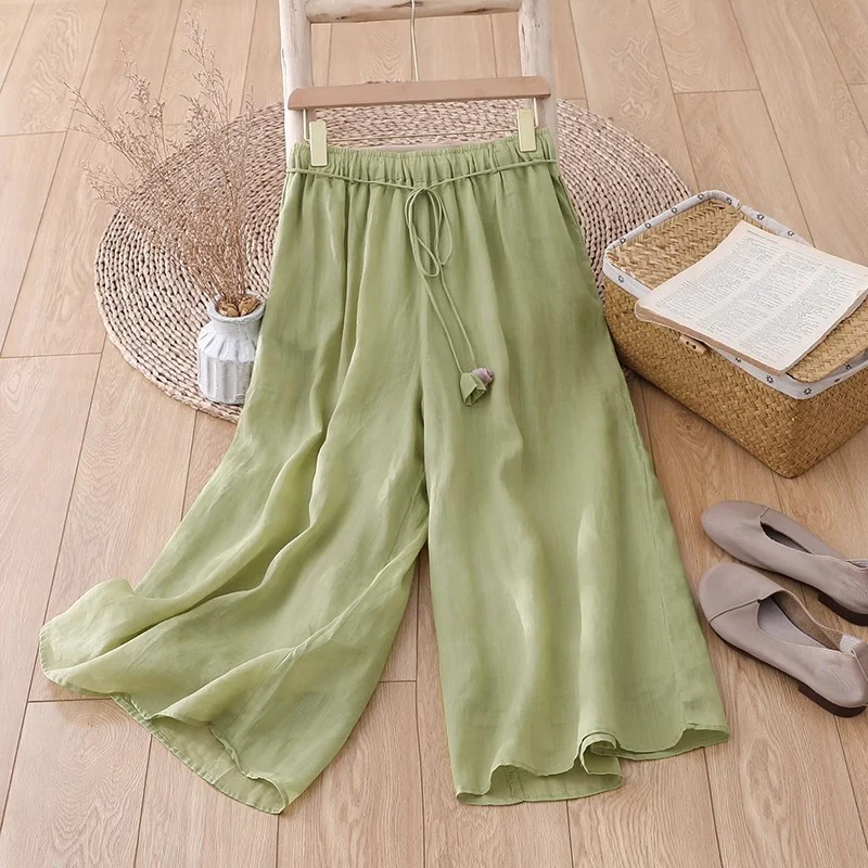 3372 Comfortable lace-up versatile wide-leg pants, summer super fairy Tencel hemp pants skirt, loose and drape casual women's pants - Deanwangkt
