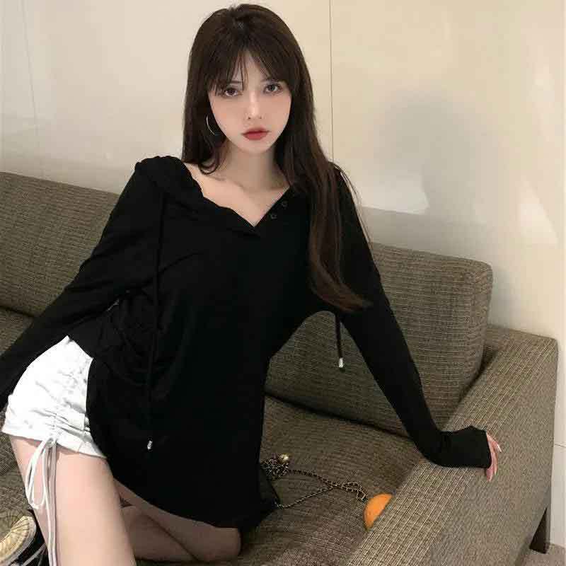 deanwangkt T-shirt for Women Ins Trendy Loose Thin Korean Style Chic Gray Sun Protection Hooded Long Sleeve Top Autumn  New - Deanwangkt