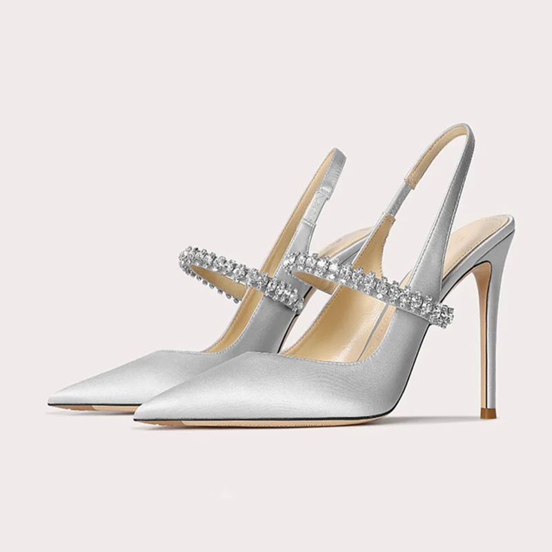 DEANWANGK  32-Size 45 One-Word Strap Closed Toe Sandals Women's Rhinestone  New Stiletto Heel Pointed-Toe Authentic Leather High Heels Women's Shoes - Deanwangkt