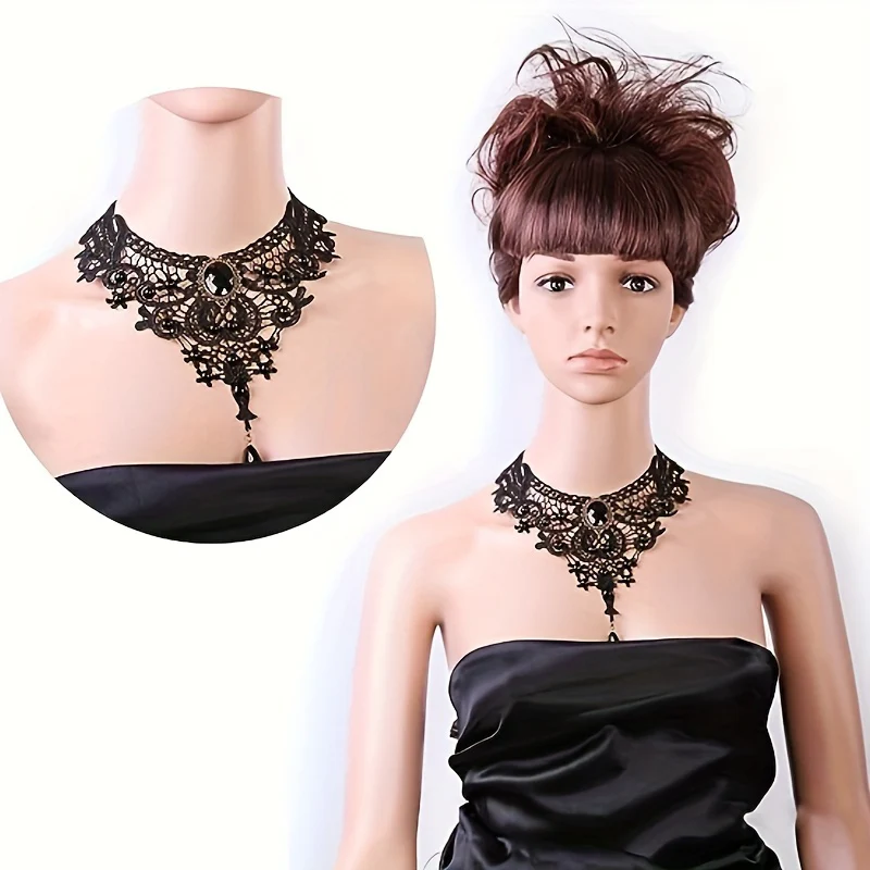 5pc Gothic Steampunk Choker Necklaces Set For Women Elegant Pedant Design Black Lace Collar Necklace Jewelry, Punk Style Festive Costume Accessories - Deanwangkt