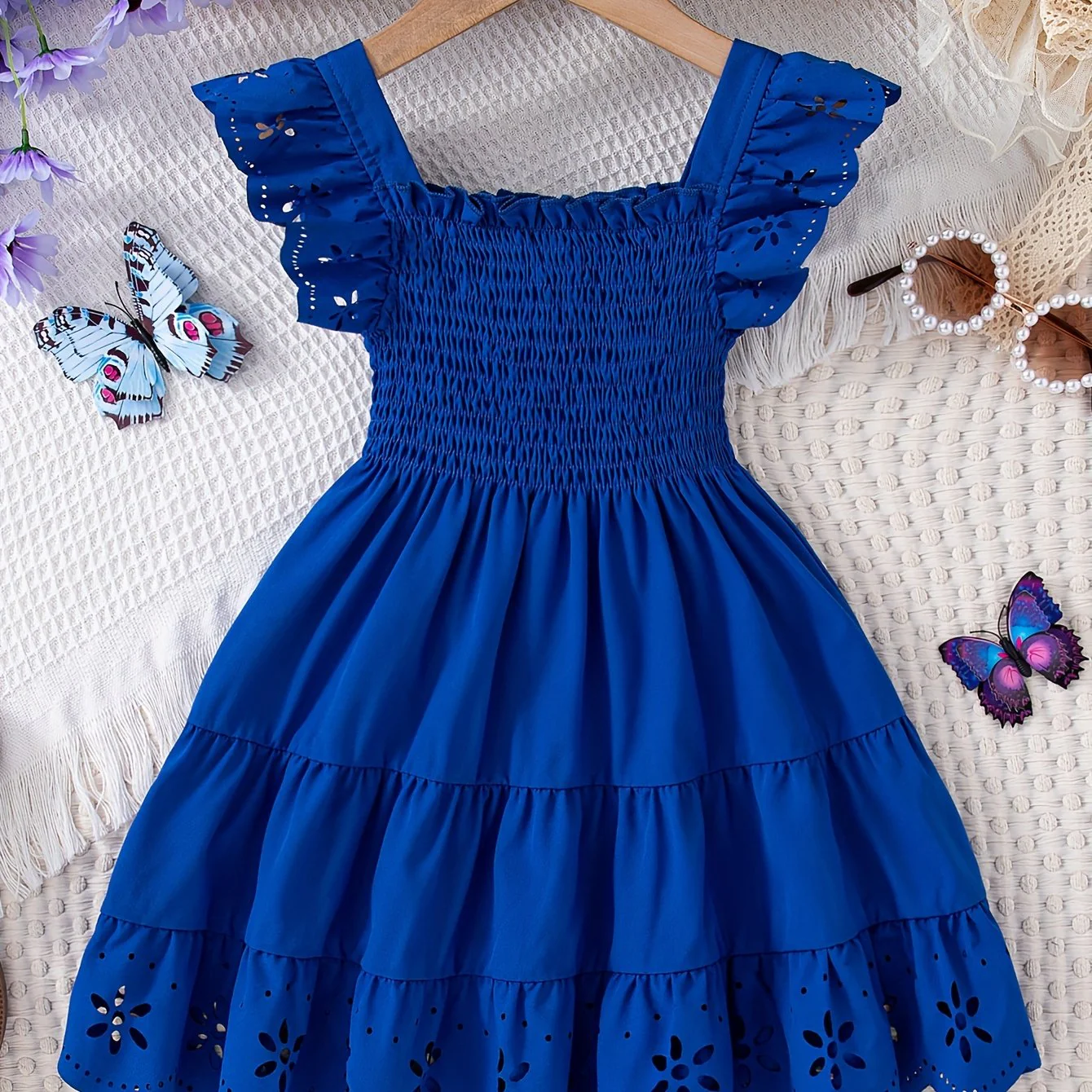 Knee-High Girls Comfy Solid Ruffle Sleeve Square Neck Dress for Summer Holiday Party - Loose Fit, Flared Hem, Shirred Details, Non-Stretch Polyester Fabric - Perfect Gift for Little Princesses - Deanwangkt