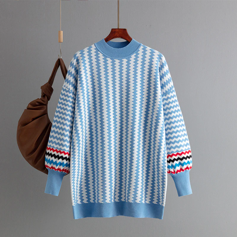 DEANWANGKT 2025 cross-border women's clothing New autumn and winter new medium and long round neck striped loose knitted sweater jumper - Deanwangkt