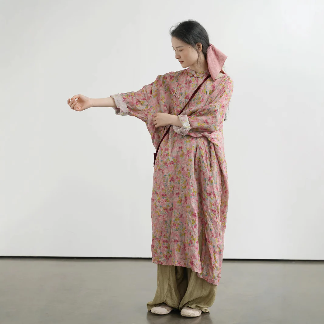 Original Chinese romantic floral cocoon ramie cheongsam, retro loose and clear robe dress L25060 - Deanwangkt