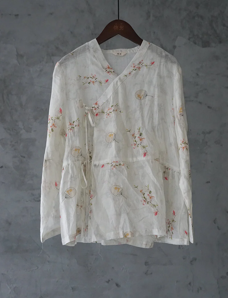 Chinese ramie printed Zen lace-up top, retro Chinese pastoral high-waisted shirt S21040-1 - Deanwangkt
