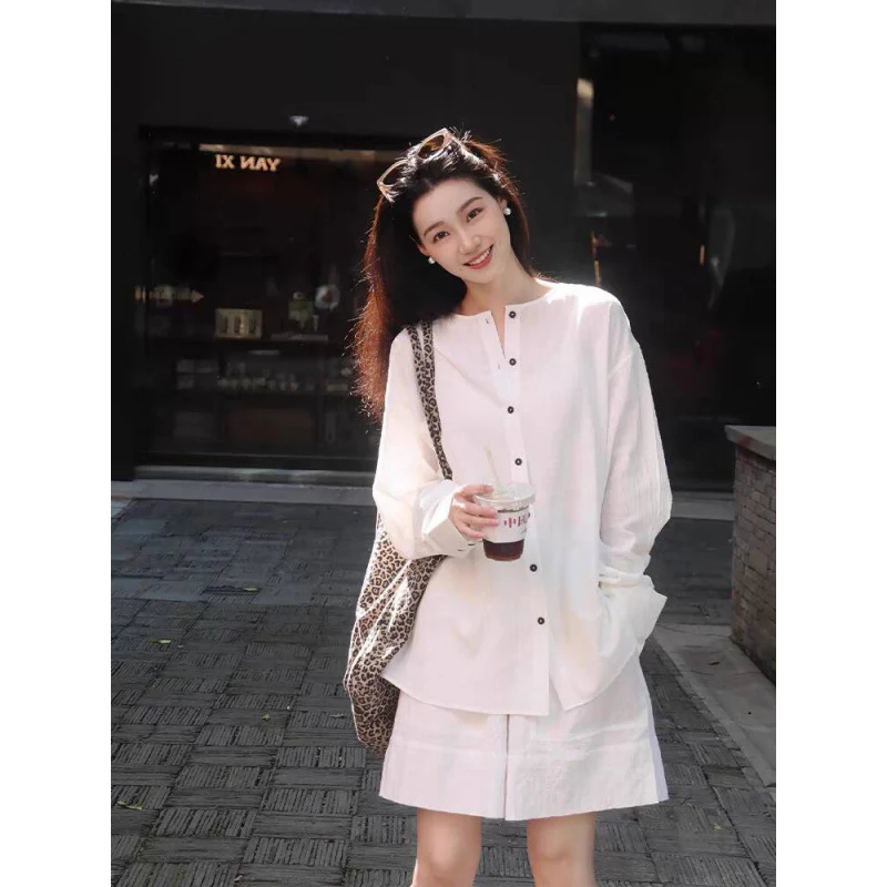 Shirt set Women's  summer new fashion temperament premium relaxation sunscreen shirt shorts two-piece set - Deanwangkt