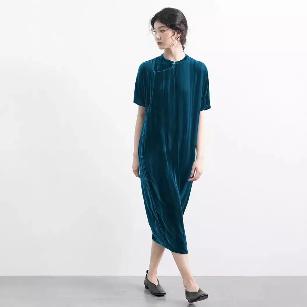 New Chinese-style improved cheongsam, dress spring women's high-end, blue-green thin skirt, short-sleeved long skirt A1233 - Deanwangkt