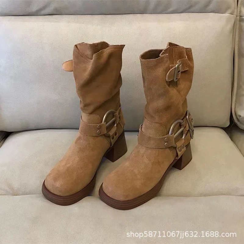 Breathable Thin and Brown Boots Women's Boots  New Thick Bottom Pile Style Boots Thick Heel Western Denim Thigh High Boots - Deanwangkt