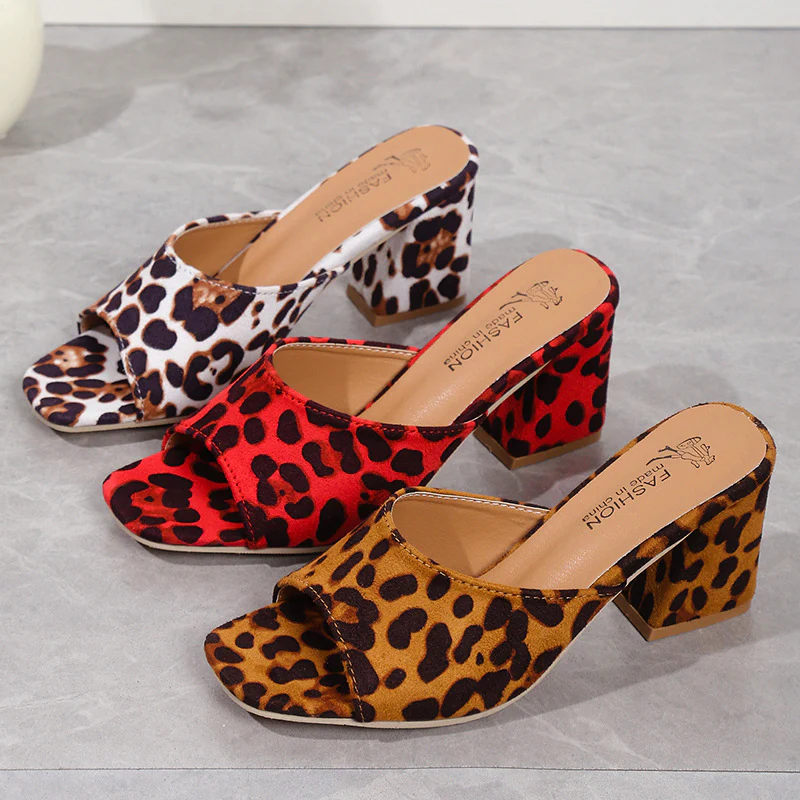 DEANWANGKT  Leopard Print Suede High Heels  New Square Toe Chunky Heel Sexy Slippers plus Size Women Heels - Deanwangkt