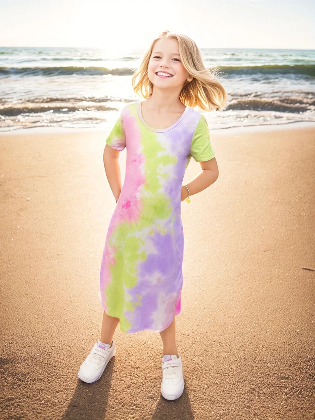 Vibrant Tie Dye Short Sleeve Slim Midi Dress for Girls - Casual, Comfortable, and Stylish Holiday Wear - Perfect Summer Gift for Tweens and Teenagers - Deanwangkt