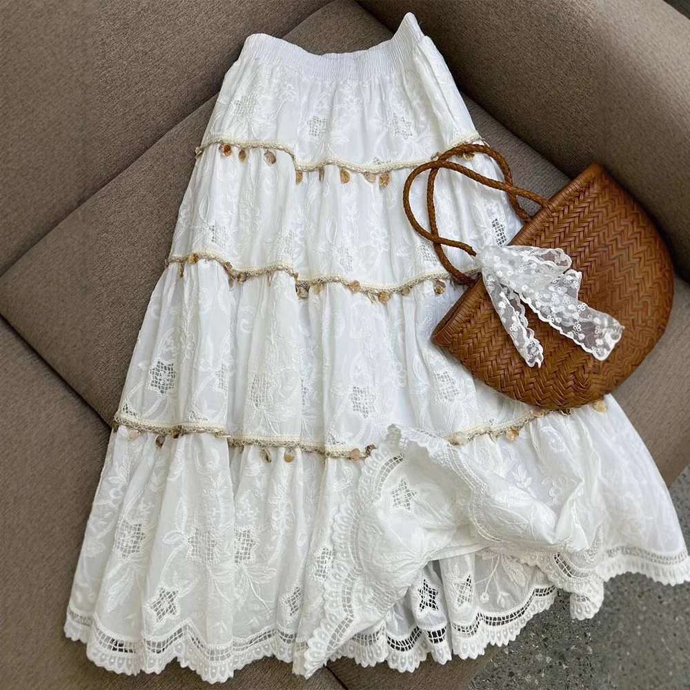 Siyuan Bohemian Heavy Industry fringed rope embroidered skirt women's 25 spring and summer vacation wind white dress 7839 - Deanwangkt