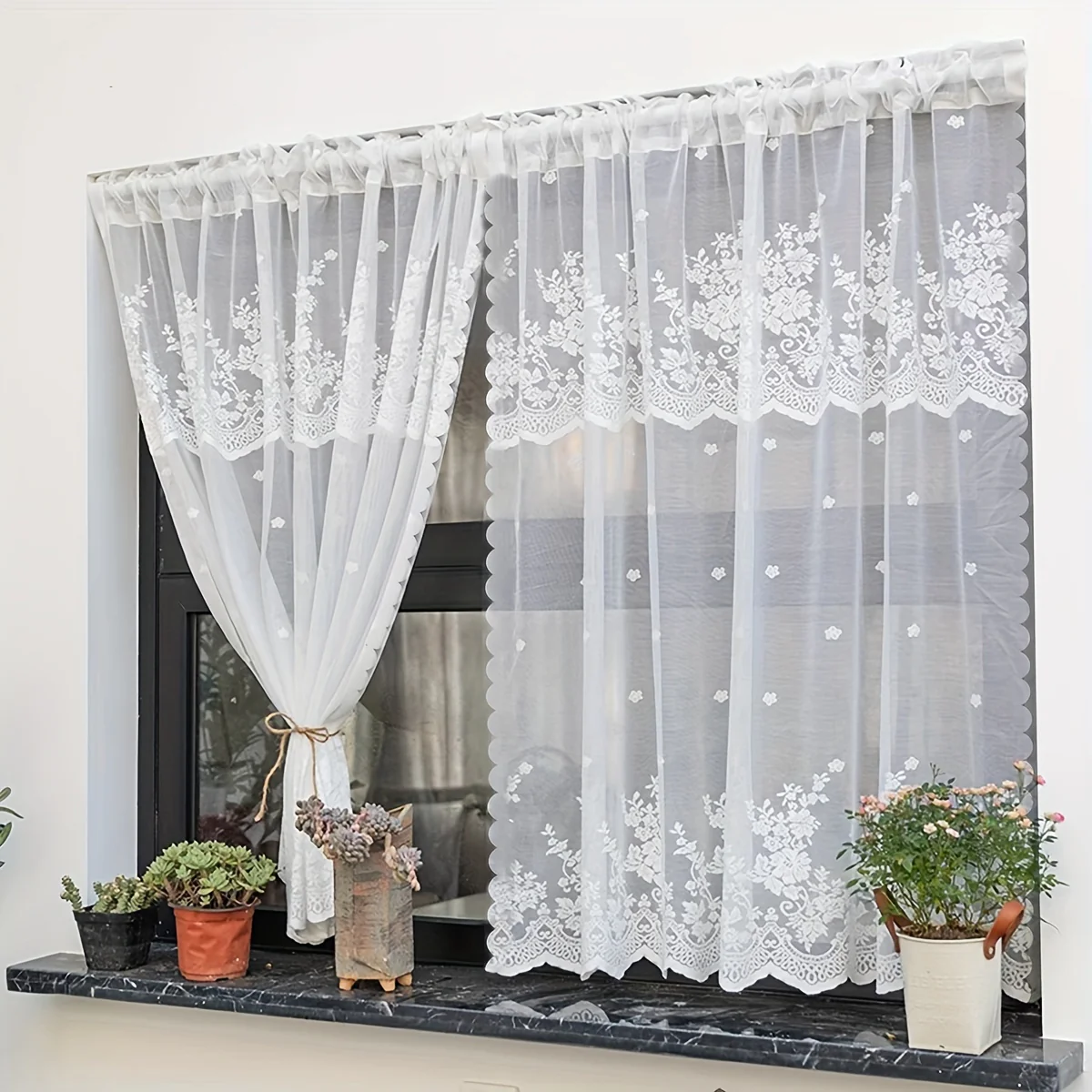 1pc Delicate Lace Small Flower Curtain Tier - Elegant Rod Pocket Design for Fresh Decor, Blocks Cabinet View, Perfect for Living Room, Bedroom, Kitchen, Window and Door Decoration - Deanwangkt